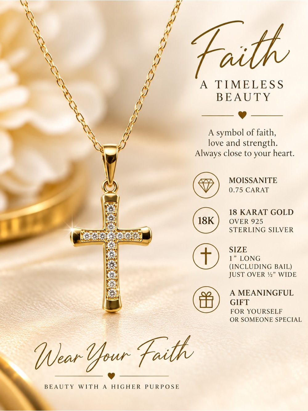 18K Gold Cross Pendant Necklace with Moissanite Accents - Faith Collection